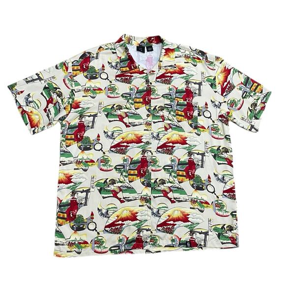 Vintage GUESS Men's L Asian Geisha Print Camp Button Down Shirt Short Sleeve - Picture 1 of 4